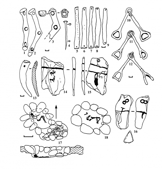 Рис. 1. Материалы куртуского этапа бийкенской культуры (конец IX – 1-я половина VIII вв. до н.э.): снаряжение верхового коня (1–3, 5–13), предмет быта (4), «оленные» камни с изображениями (14–16), погребальные сооружения (17–18). Памятники: Курту-II – 1, 2, 17, 18; Ак-Алаха-II – 3–16. Материал: 1–3 – рог, 4, 10–12 – бронза; 5–9 – золото; 13 – клык; 14–16 – камень; 17–18 – камни, кости