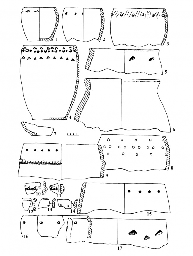 Рис. 7. Материалы семисартского этапа бийкенской культуры (2-я половина VIII – 1-я половина VII вв. до н.э.): предметы быта. Памятники: Бийке – 1, 2, 5–7, 9–15, 17; Усть-Бийке-III – 3, 8; Усть-Куюм – 4. Материал – керамика